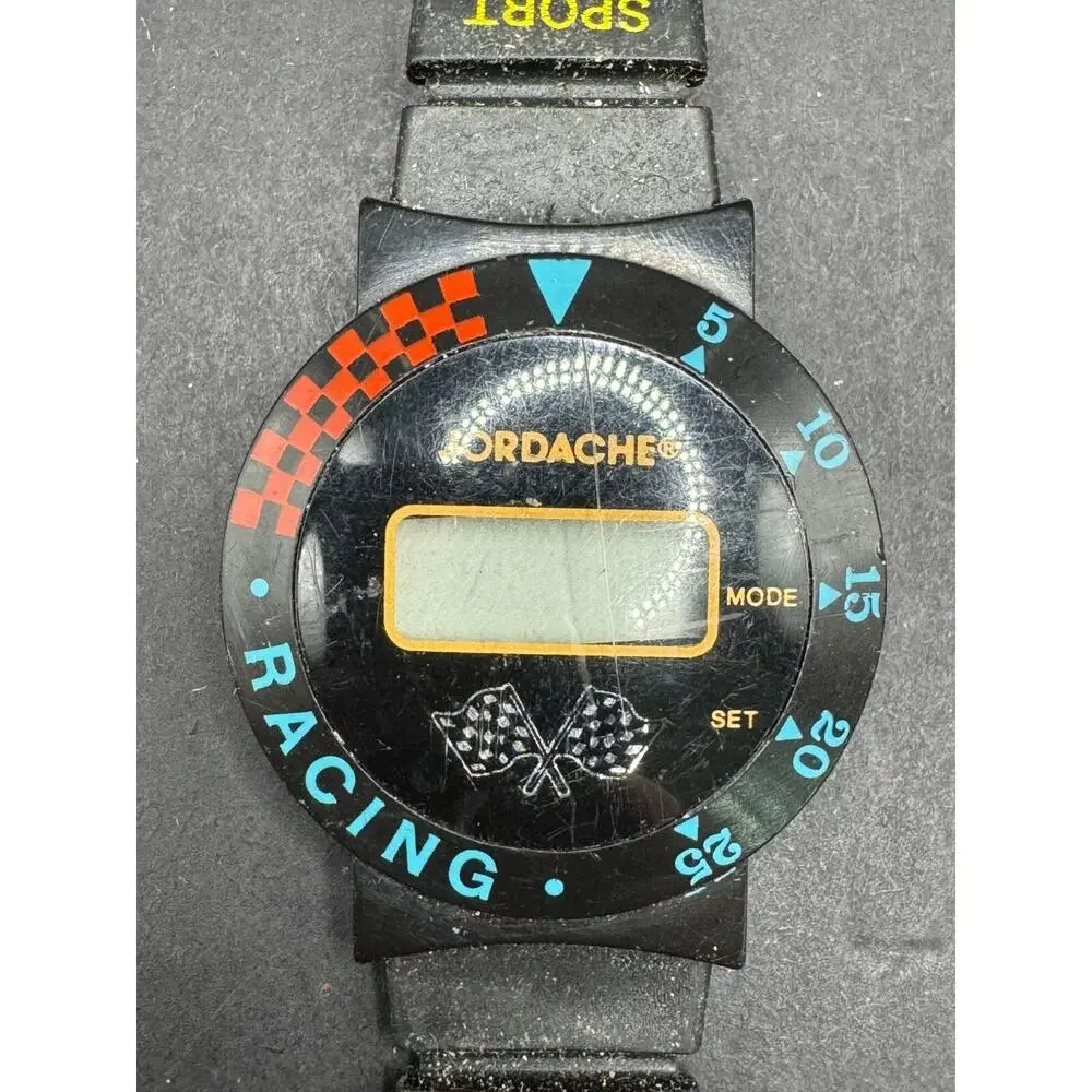 Vintage Rare Jordache Sport Racing Checkered Flag Bezel Digital Watch Black Band